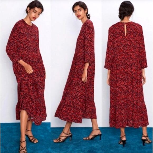 NEW! Zara Womans L Leopard Print Midi Dress Long Sleeve 100% Viscose Red Black - Picture 1 of 7